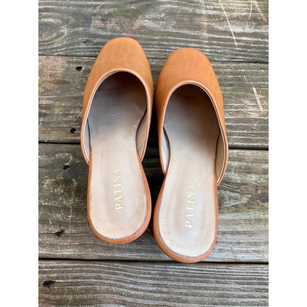 Patina Tan Leather Block Heel Mules Slip On Almond Toe Shoes Size 11 - Picture 6 of 8